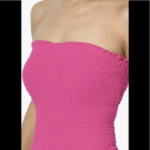 Smocked Tube Top Pink Crop Ruffled Edge Stretch N… - Picture 5 of 6